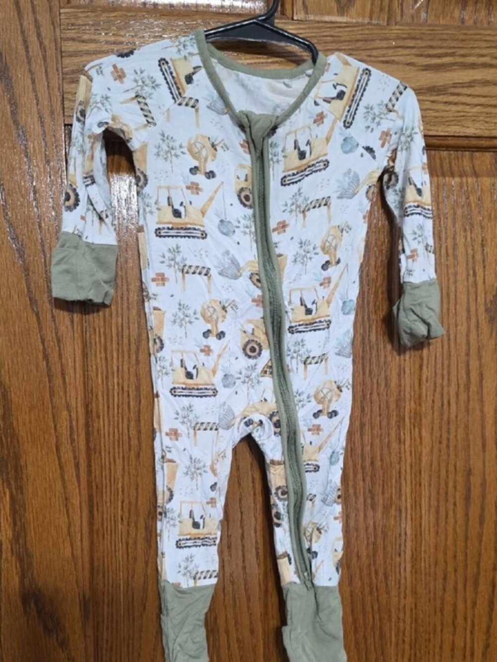 Kids Construction Print One-Piece Pajamas - Green Trim